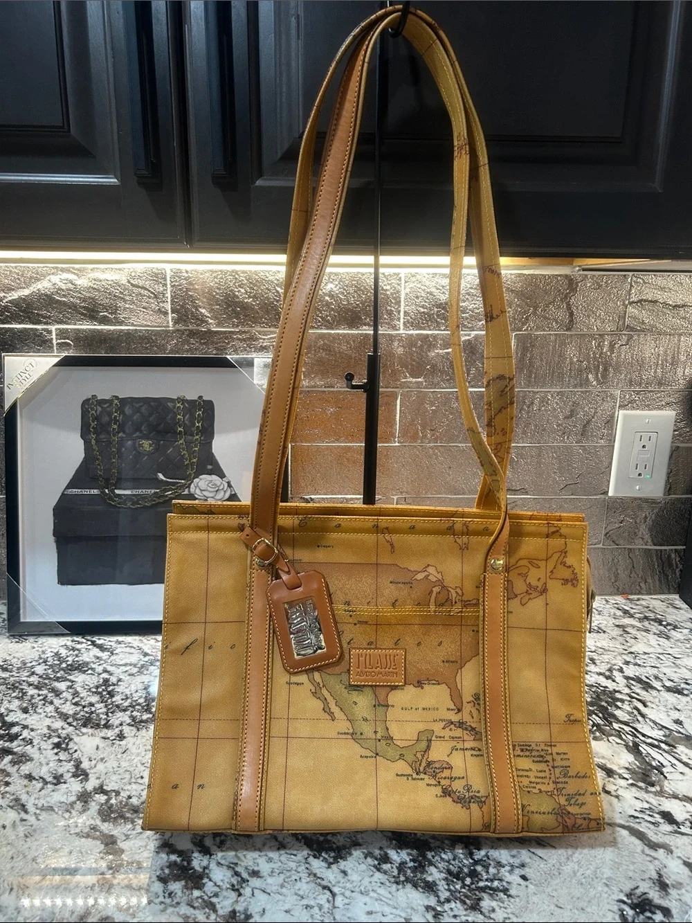 Alviero Martini vtg Tan Map-Print Zip Tote Bag EUC